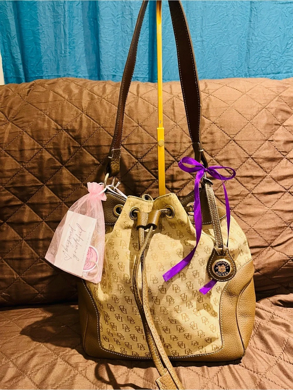 Dooney & Bourke Beige Tan Logo Drawstring Hobo